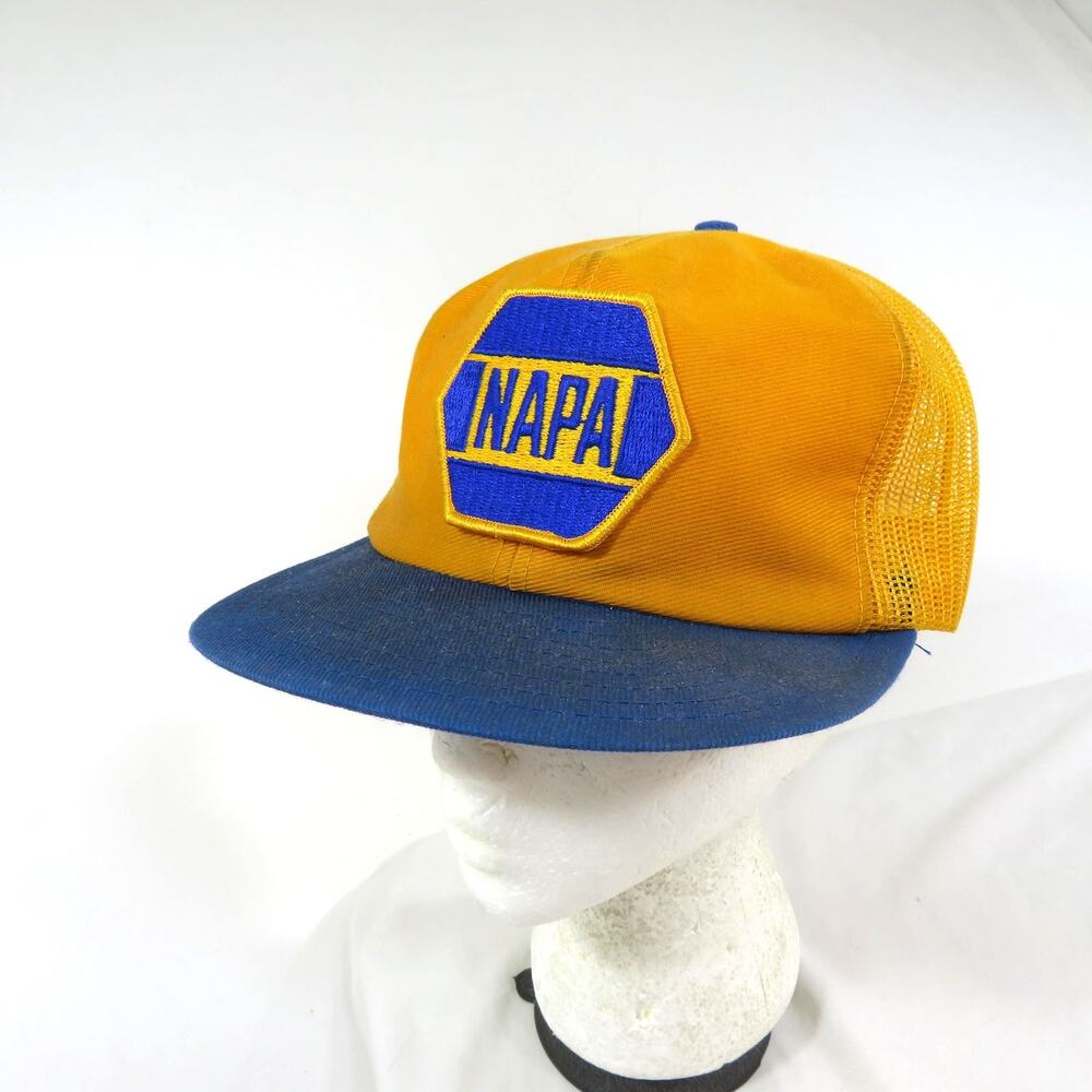NAPA Hat Louisville MFG Made in USA Cap, Mesh Trucker Snapback Blue Gold 1980s